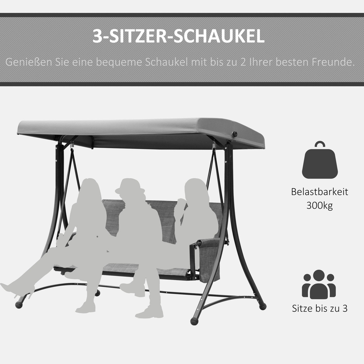 3-sits Verandagunga i aluminium med kapell, grå