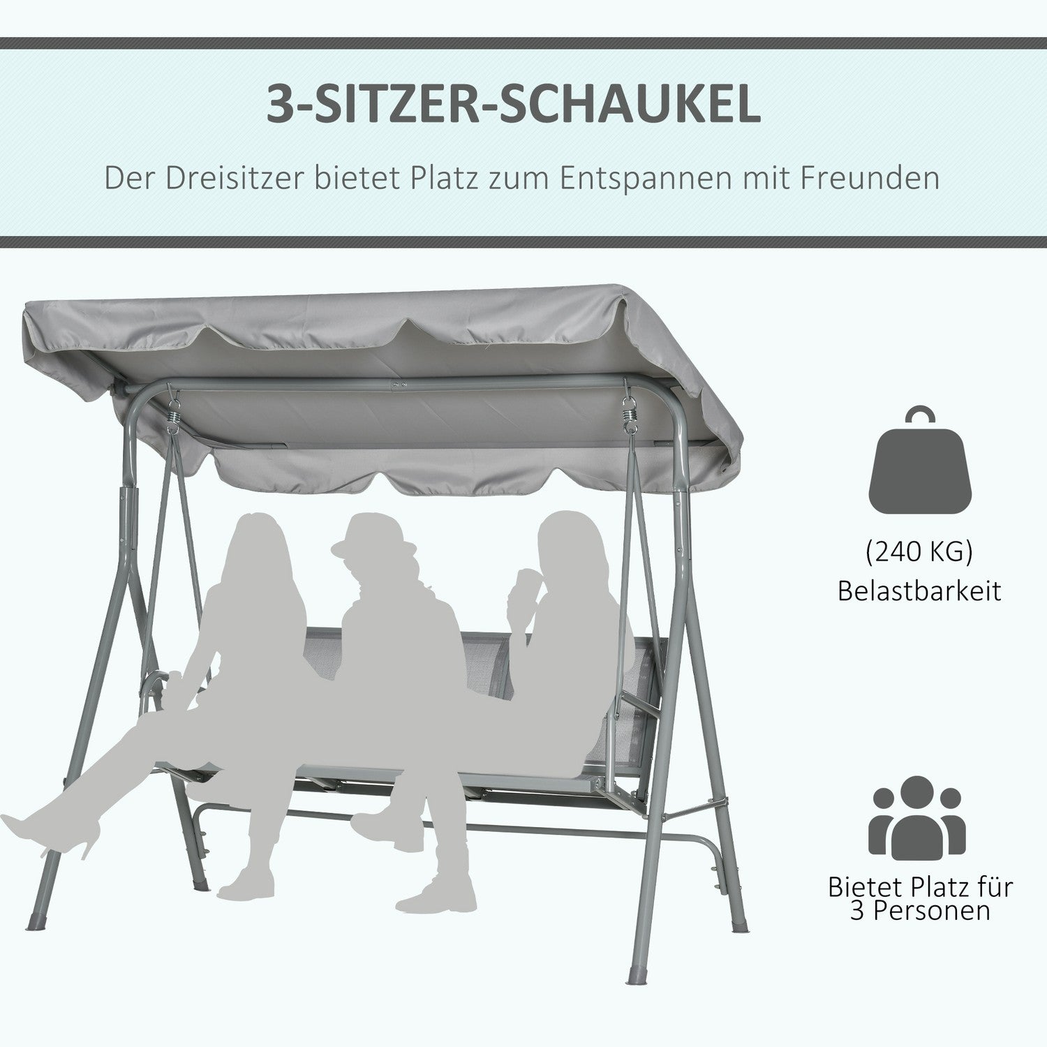 3-sits grå trädgårdssvingbänk med tak – metall 170x110x153cm