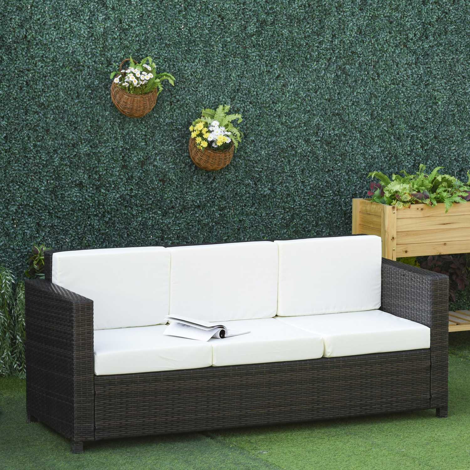 3-sits polyrotting trädgårdssoffa med kuddar – brun/vit