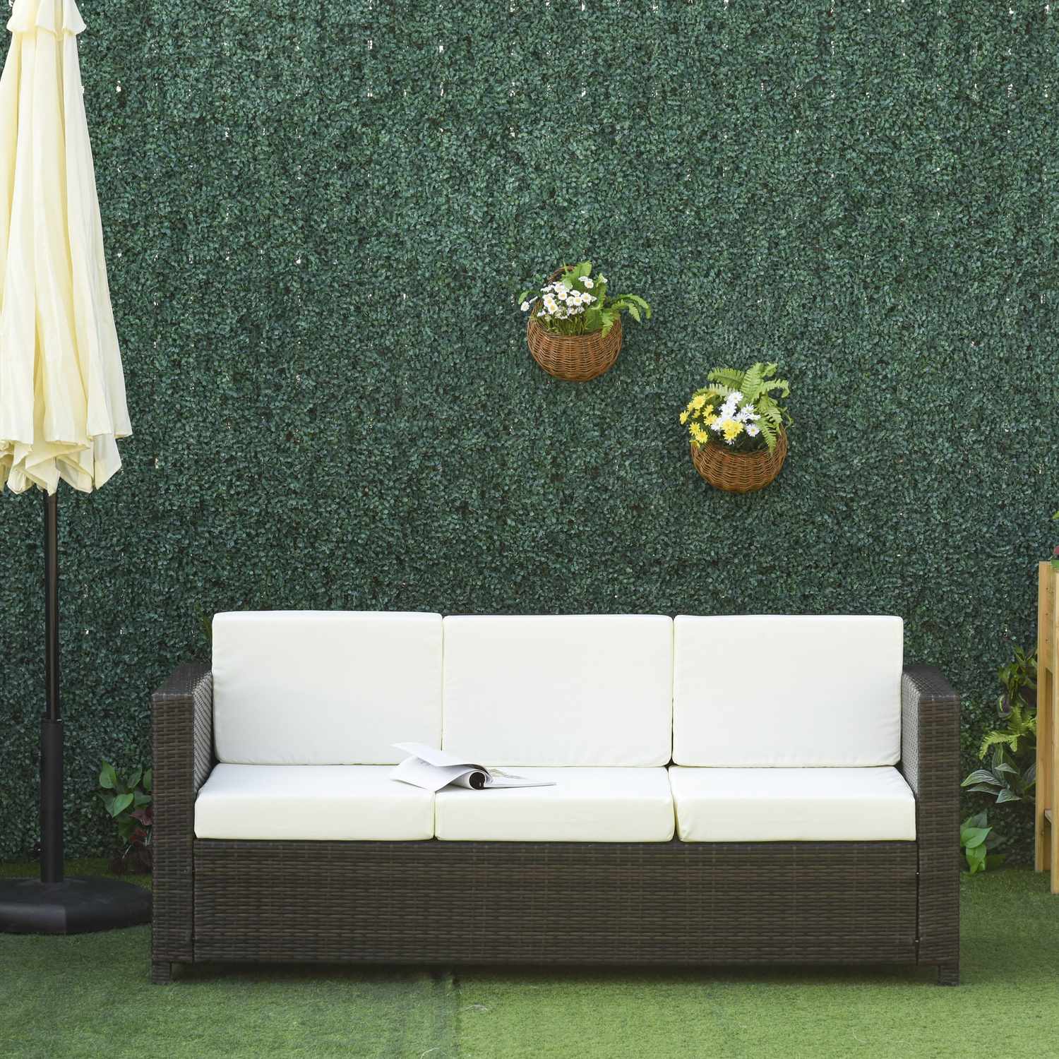 3-sits polyrotting trädgårdssoffa med kuddar – brun/vit