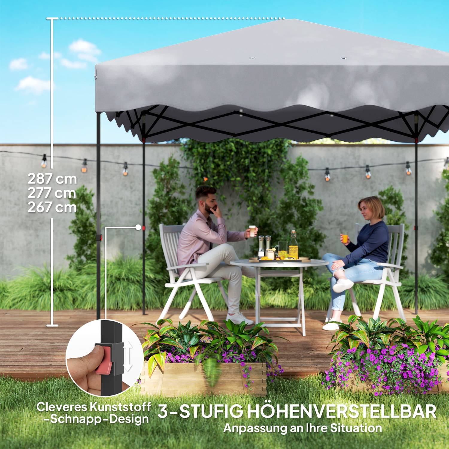 3x3m vattenavvisande pop-up paviljong, UV 50+, ljusgrå
