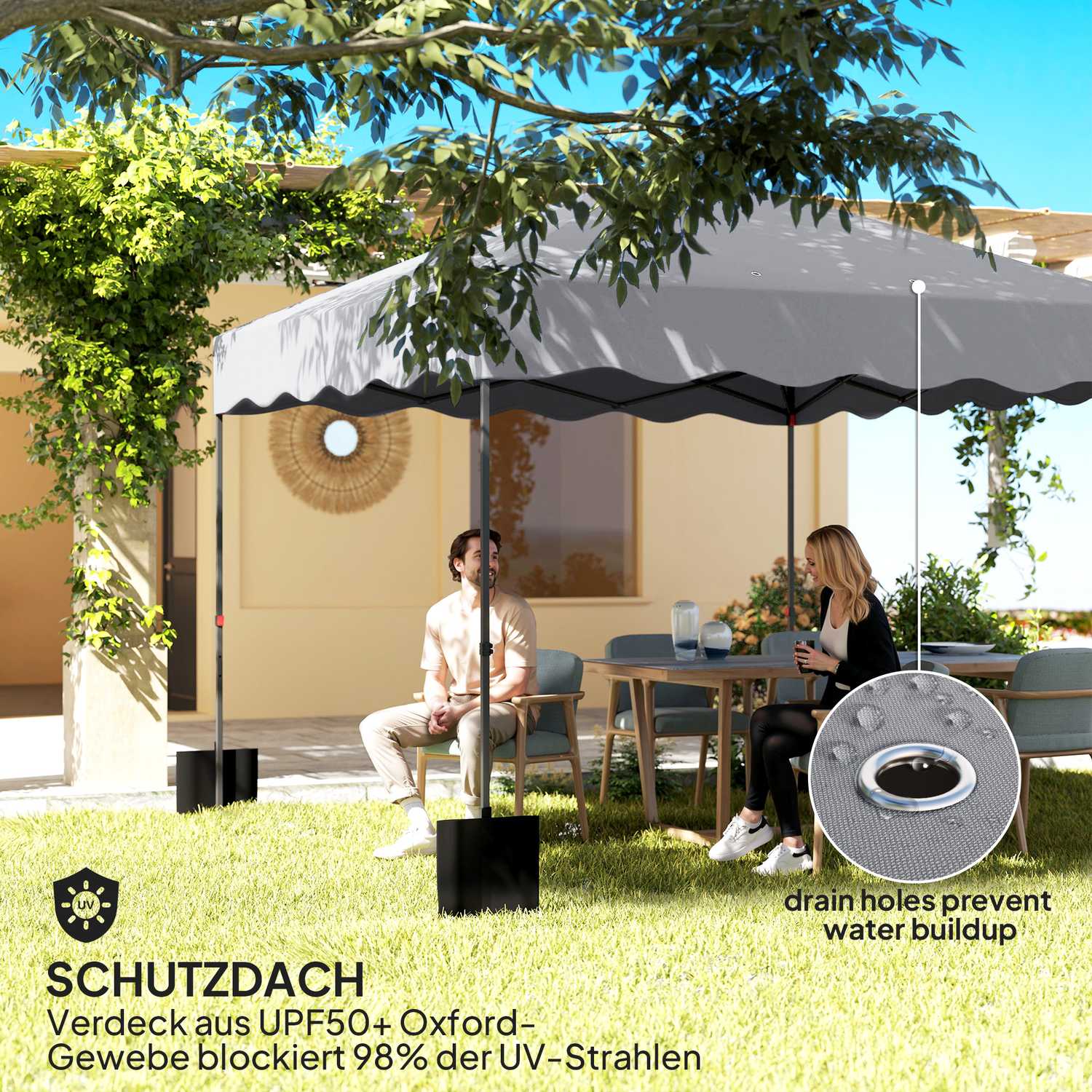 3x3m vattenavvisande pop-up paviljong, UV 50+, ljusgrå