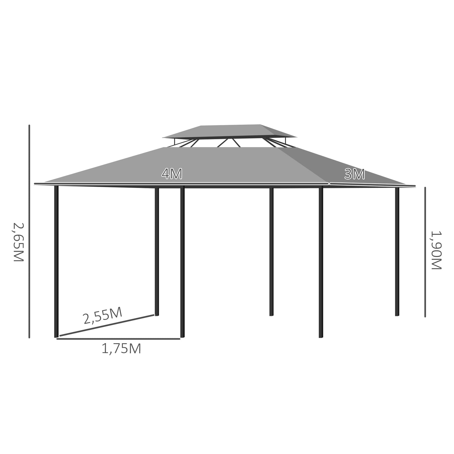 Tmavě šedý vodotěsný zahradní pavilon 3x4m se 6 panely