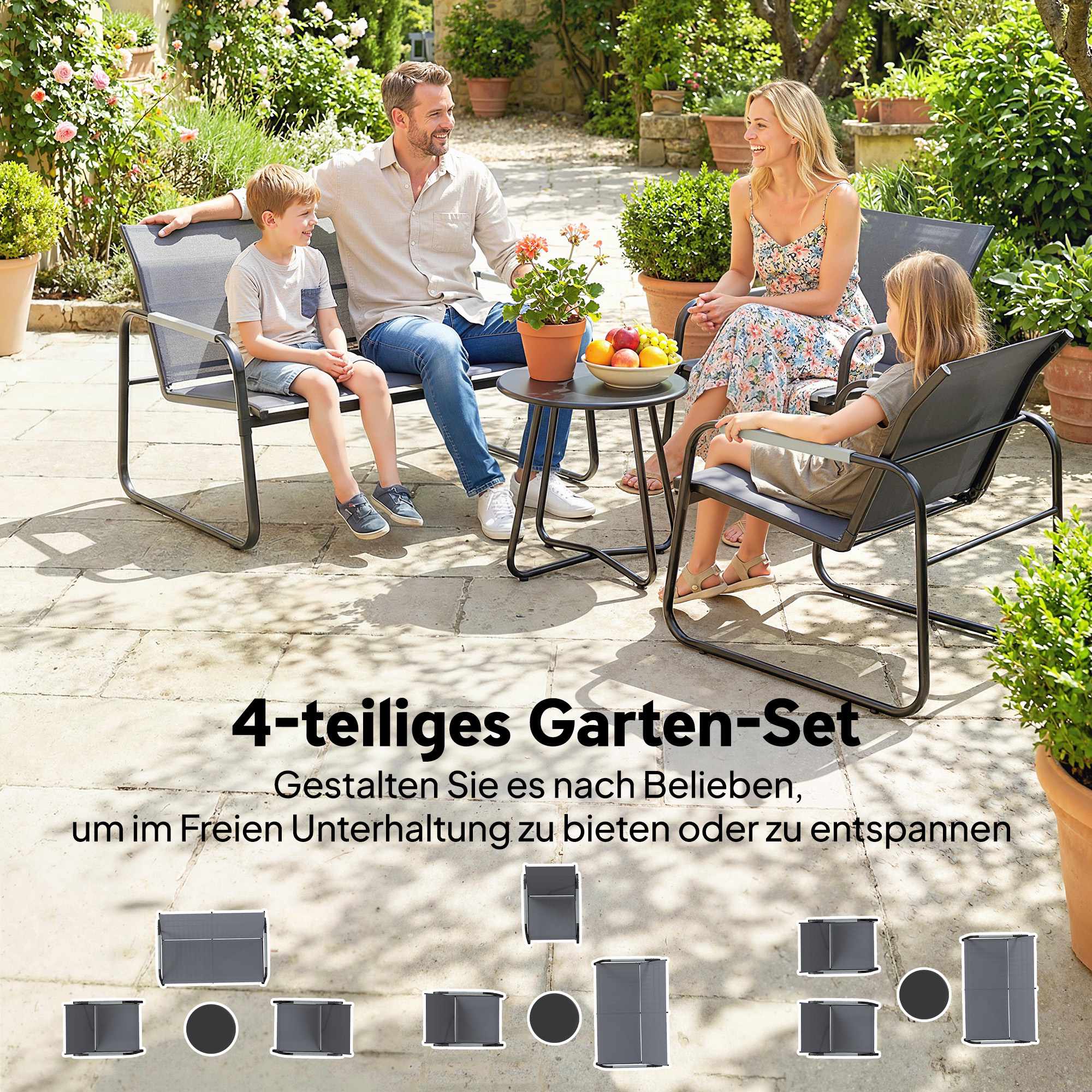 4-delat set med utemöbler, galvaniserat stål, snabbtorkande tyg