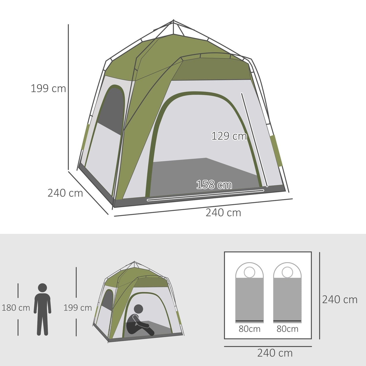 4-personers campingtält, enkel installation, väderbeständig, grön-grå