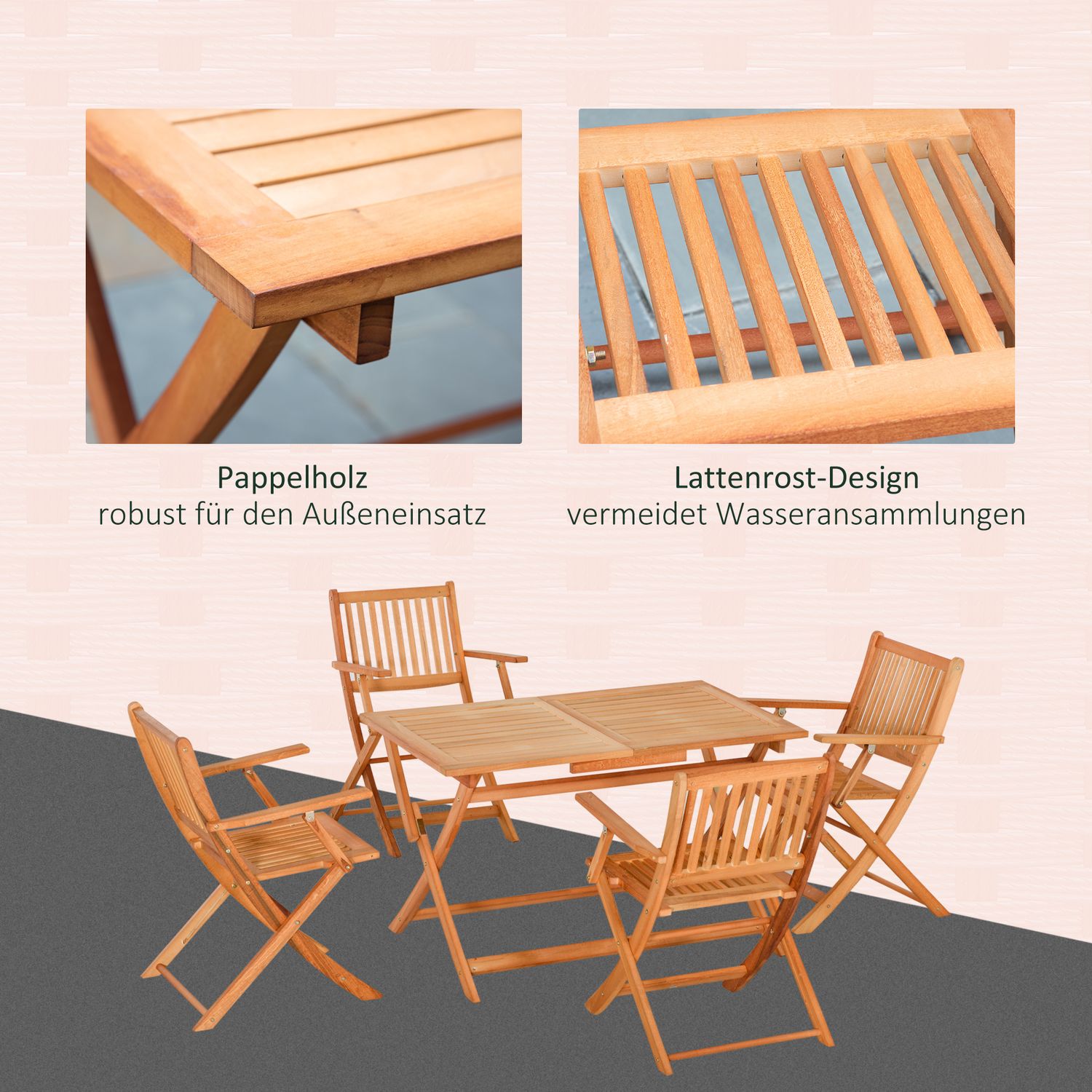 4-personers fällbara sittplatser utomhus, naturligt poppelträ