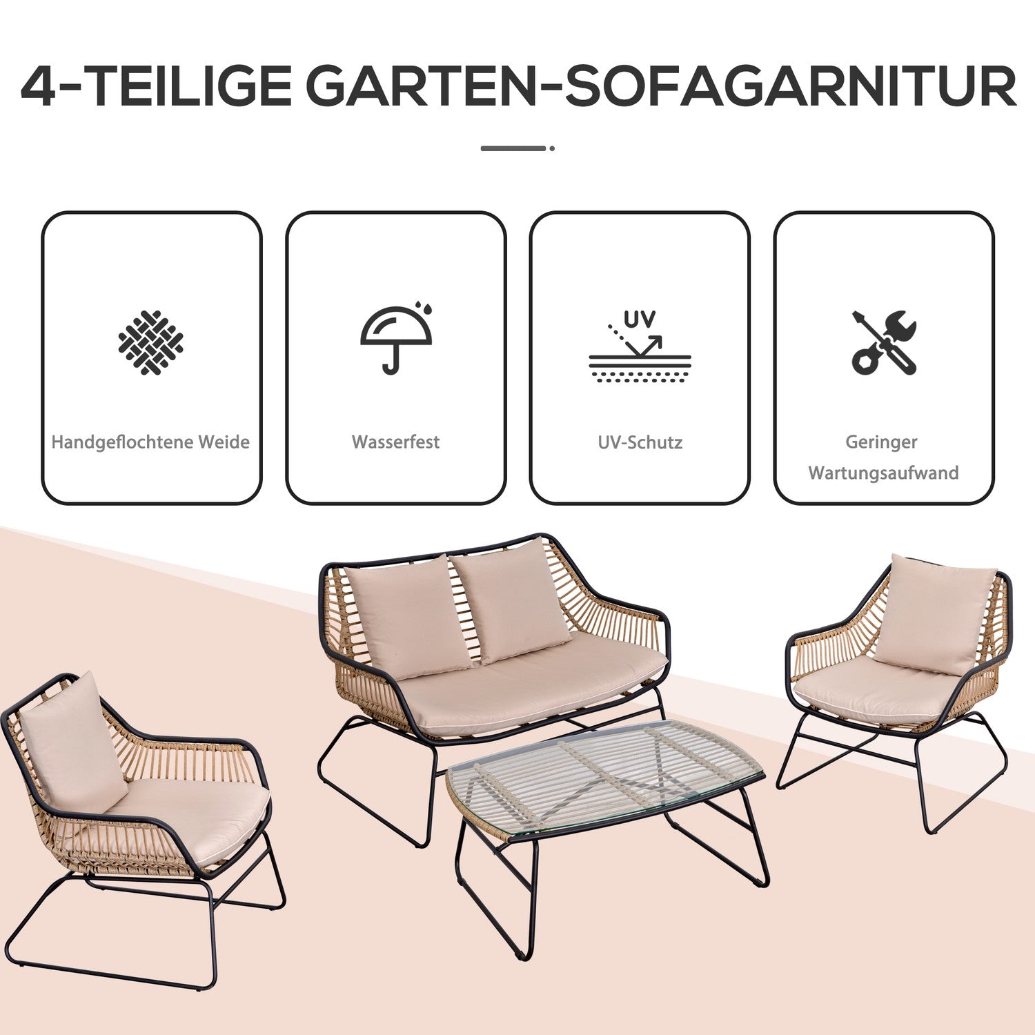 4-personers soffgrupp i rotting, bord i härdat glas, kuddar