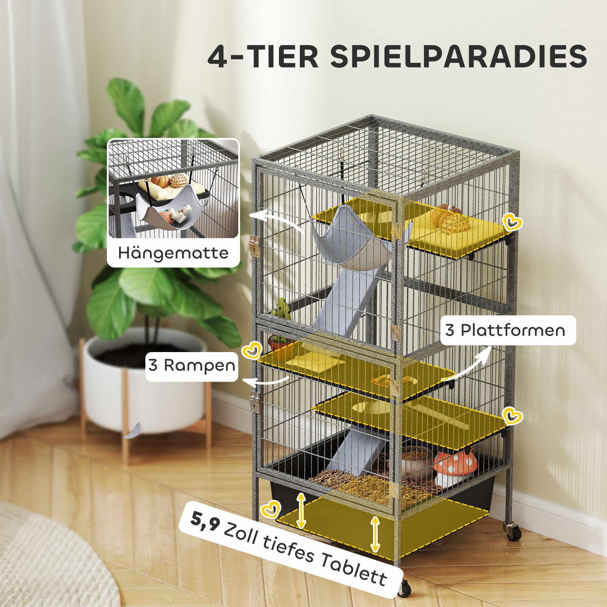 4-våningsbur för smådjur med plattformar och ramper
