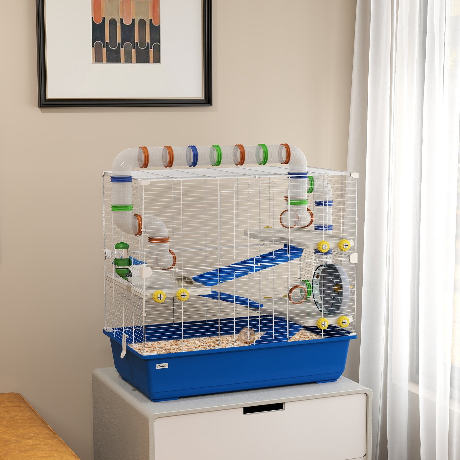 4-vånings hamsterbur med hjul och tillbehör, blå