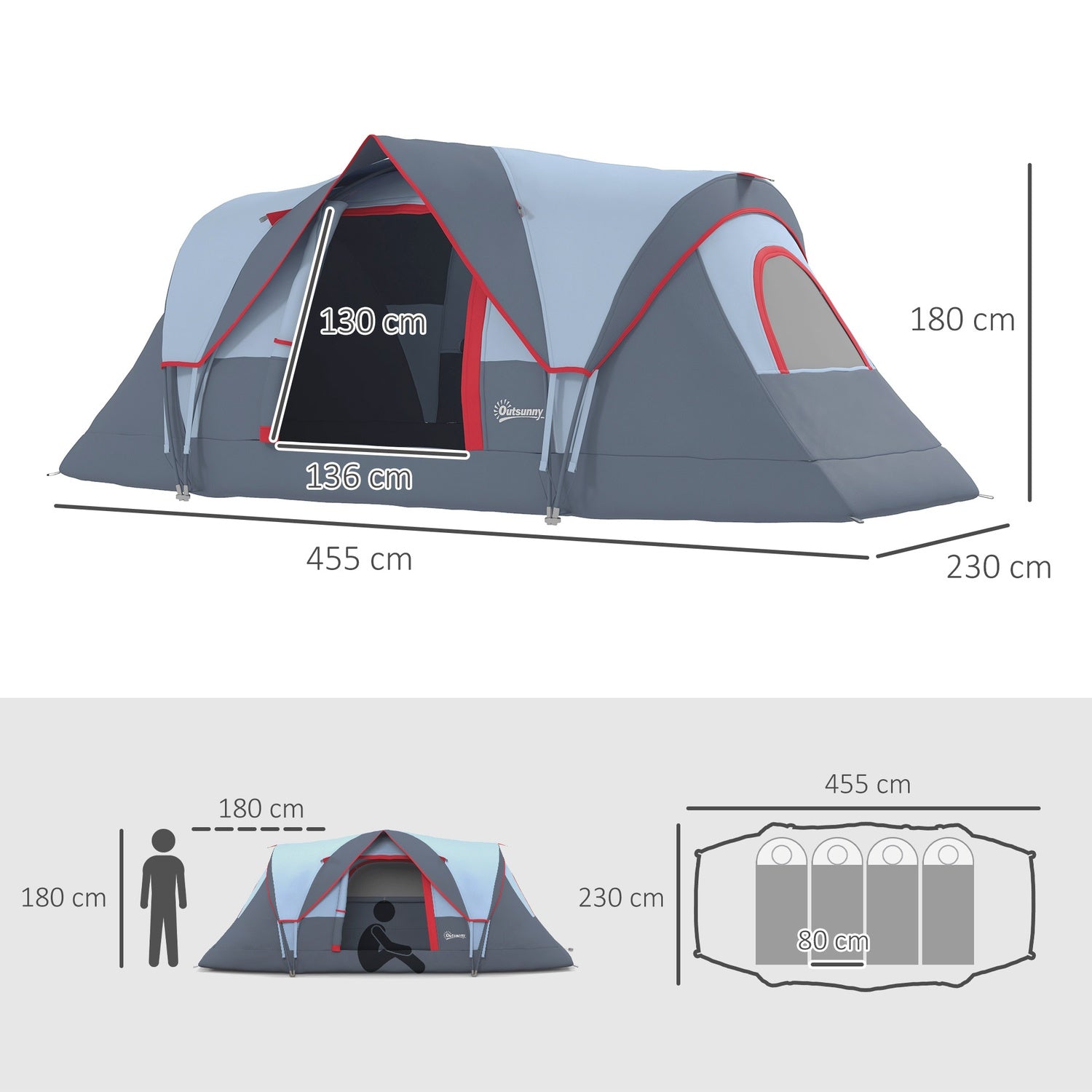 5-6 personers grått campingtunneltält med pinnar – polyester