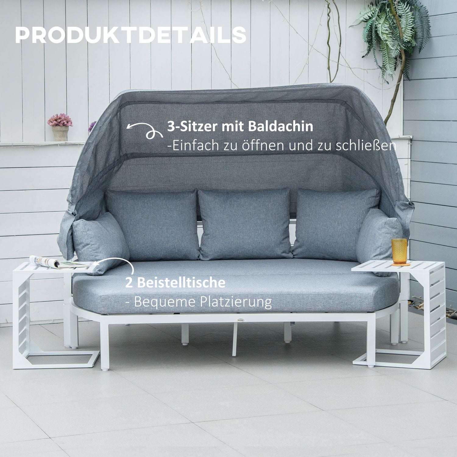 Pětidílná sada zahradního nábytku se stříškou a polštáři, bílá/šedá
