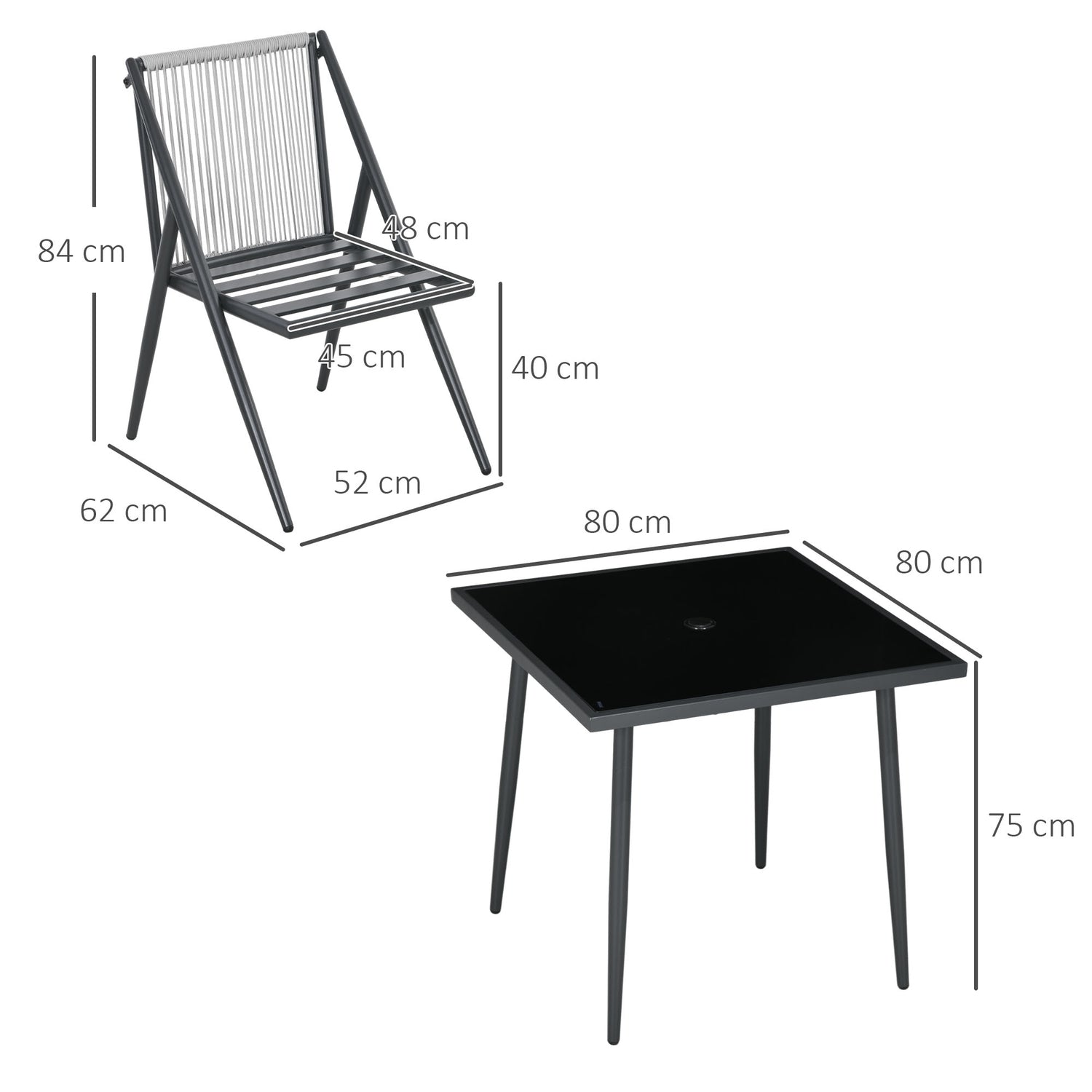 5-delat mörkgrå uteplats, bord och stolar, paraplyhål