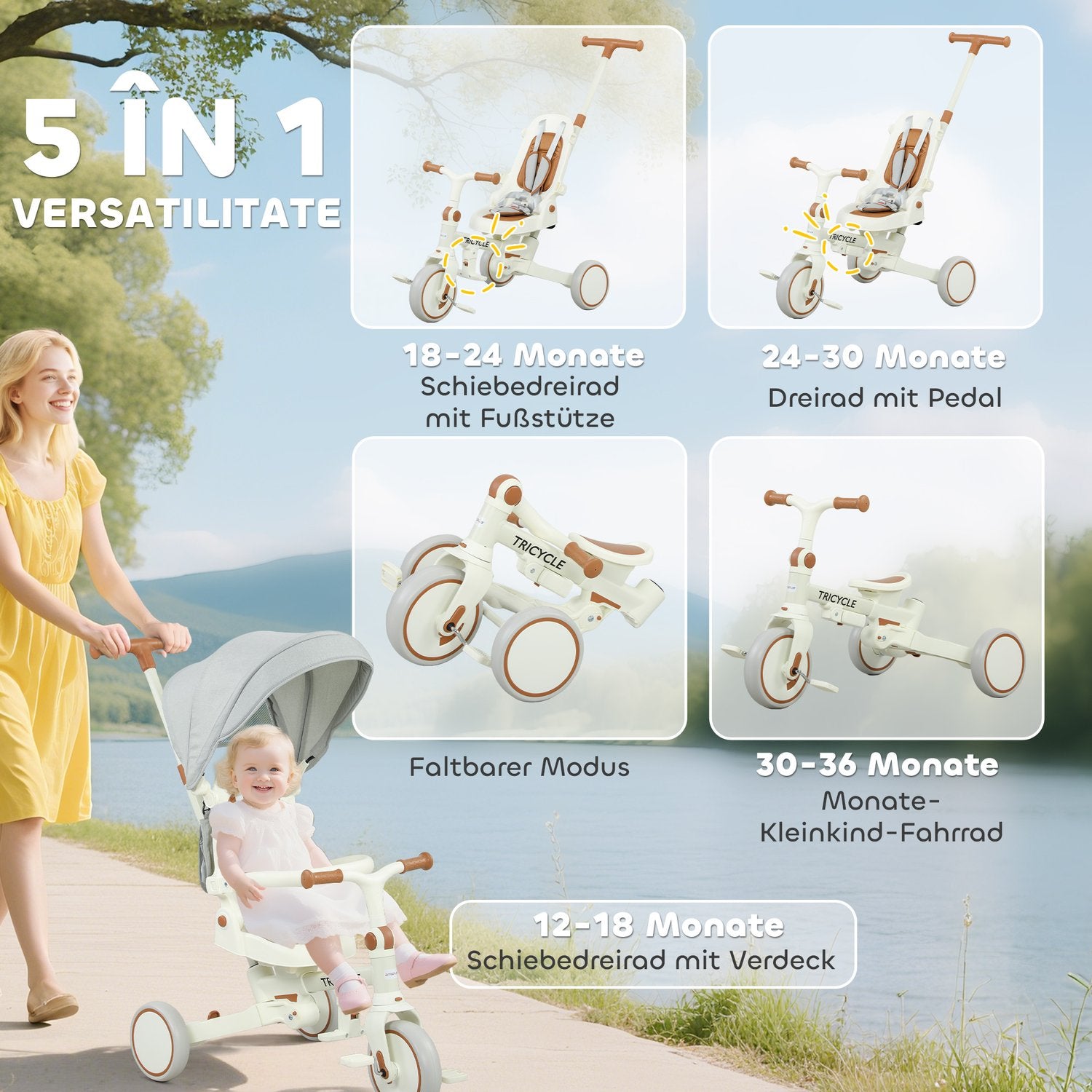 5-i-1 trehjuling för småbarn, justerbar, förvaringsväska, 1-3 år