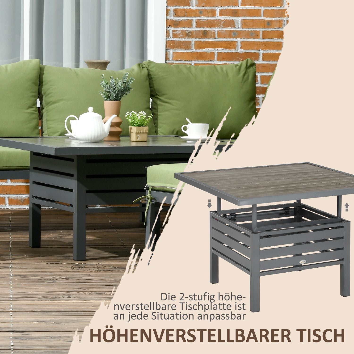 6-delad uteplats sittset, justerbart bord, aluminiumram