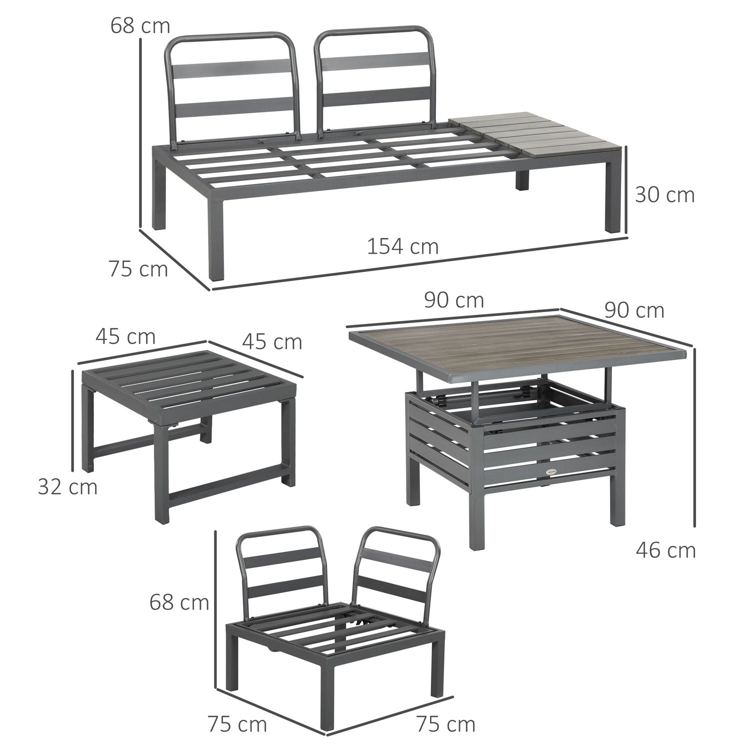 6-delad uteplats sittset, justerbart bord, aluminiumram