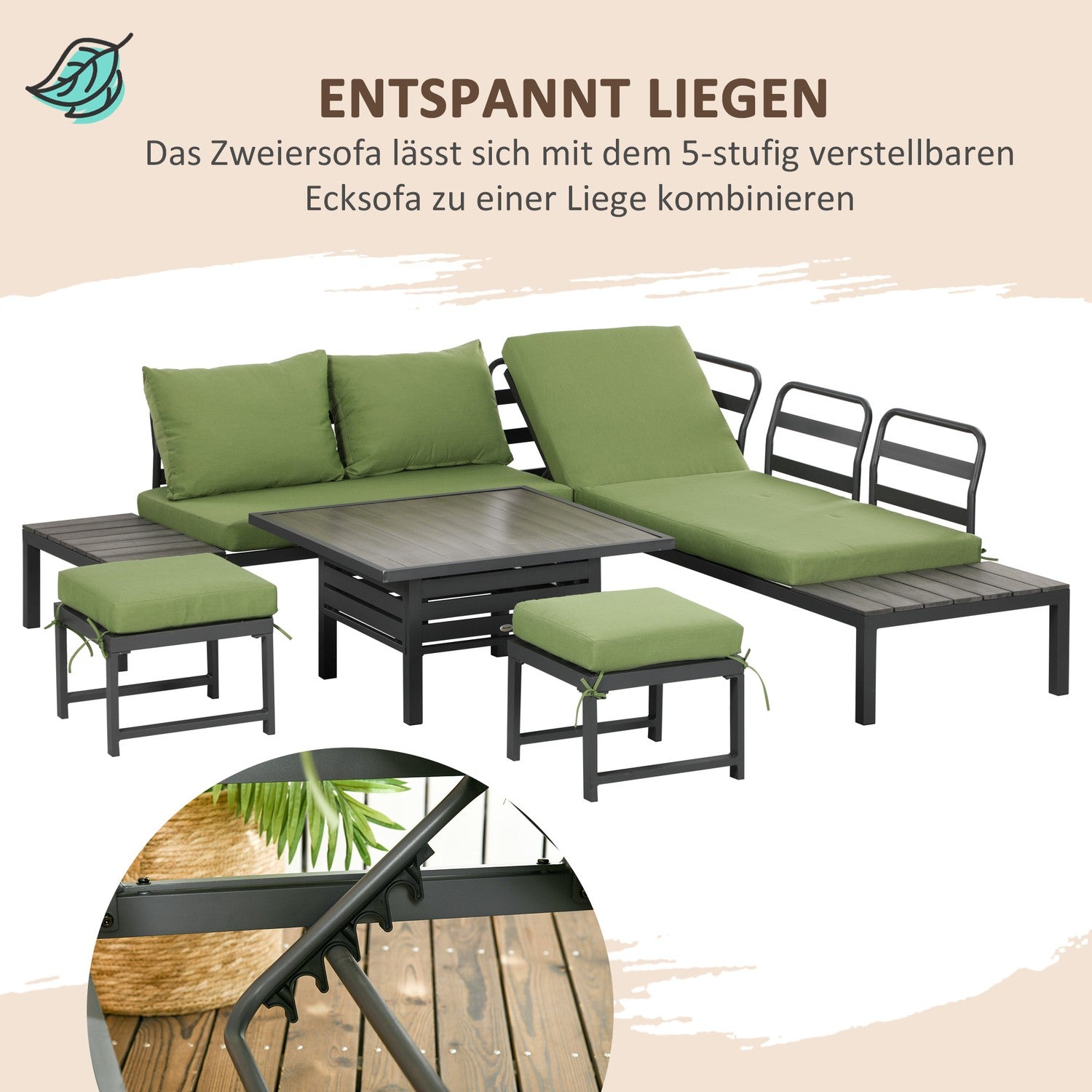 6-delad uteplats sittset, justerbart bord, aluminiumram