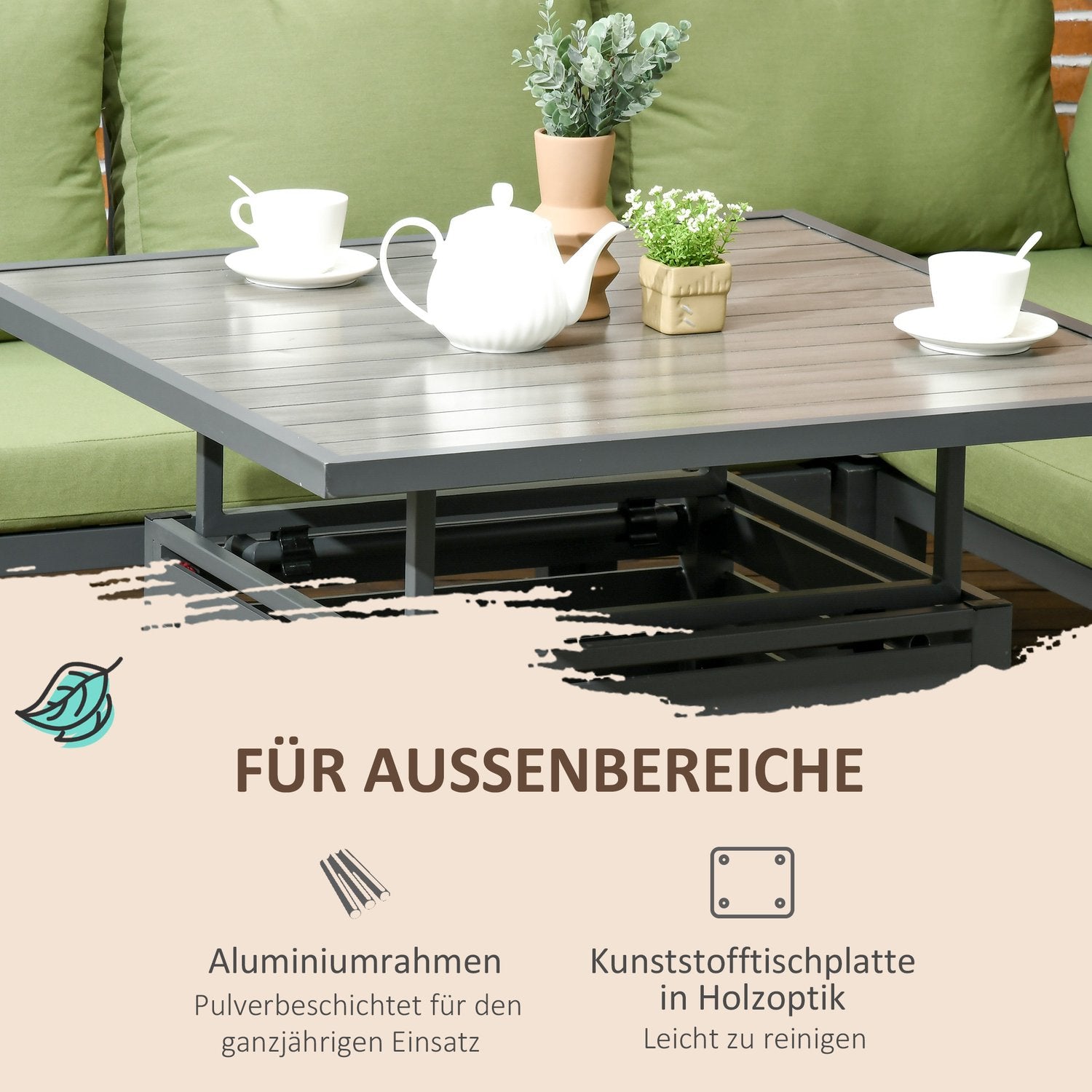 6-delad uteplats sittset, justerbart bord, aluminiumram