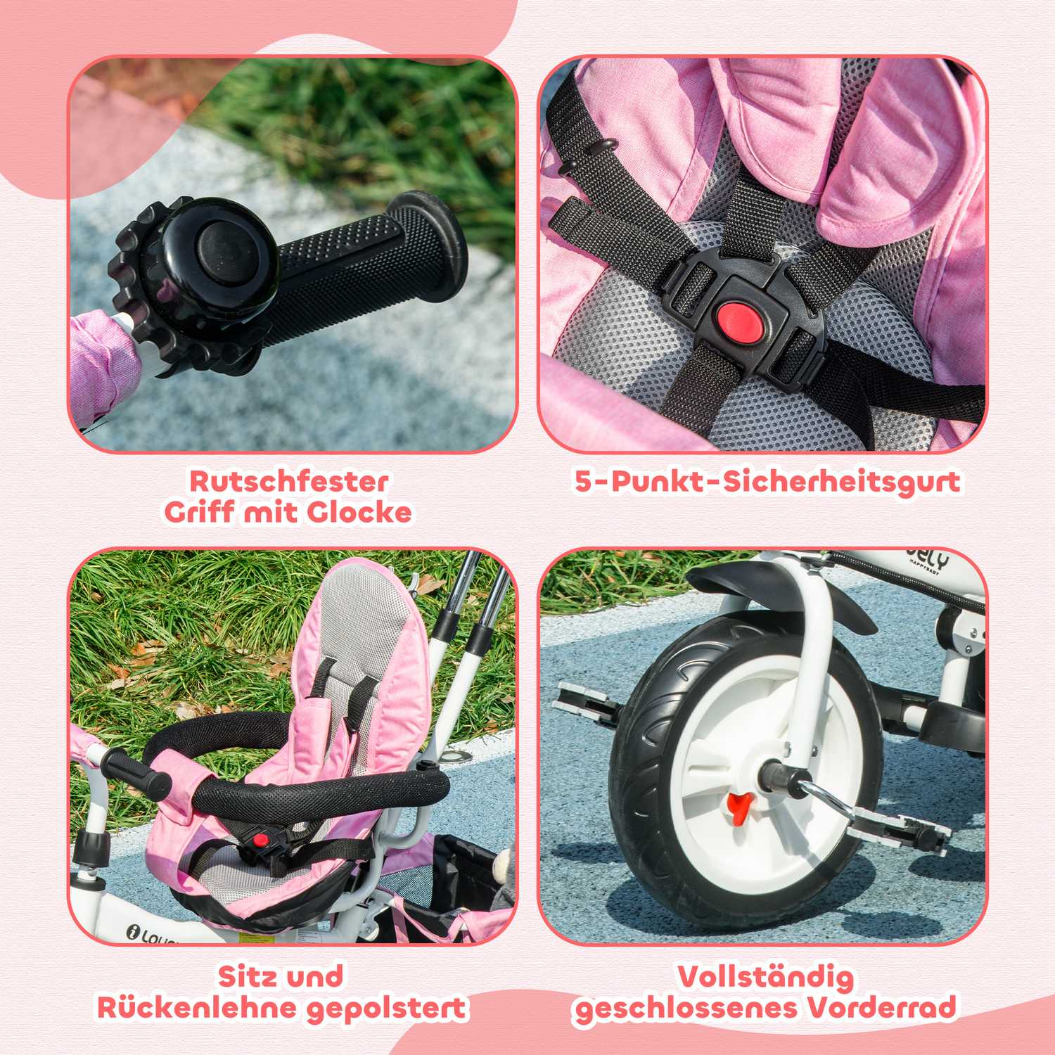 6-i-1 barntrehjuling med körbygel, tak, bälte, förvaringskorg, för 1-5 år, rosa