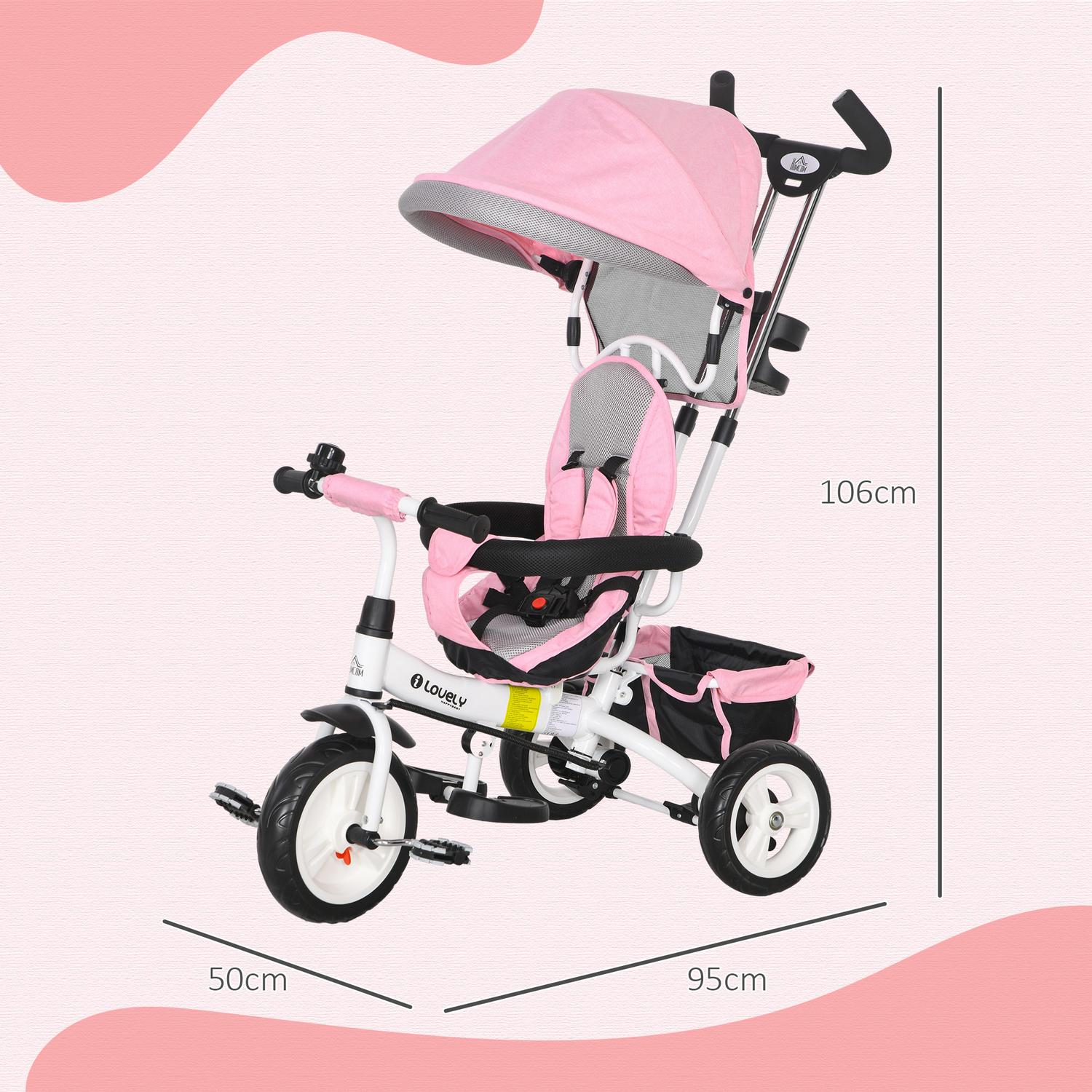 6-i-1 barntrehjuling med körbygel, tak, bälte, förvaringskorg, för 1-5 år, rosa