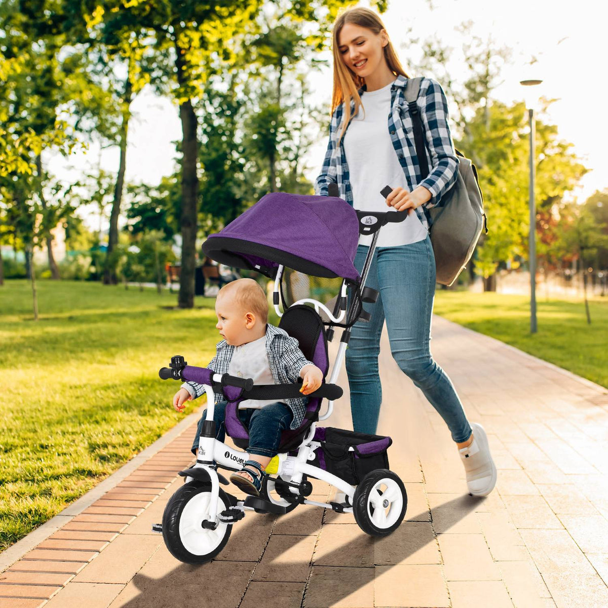 Dětská tříkolka 6 v 1 s vodicí tyčí, stříškou, bezpečnostním pásem a úložným košem, pro děti od 1 do 5 let, modrá