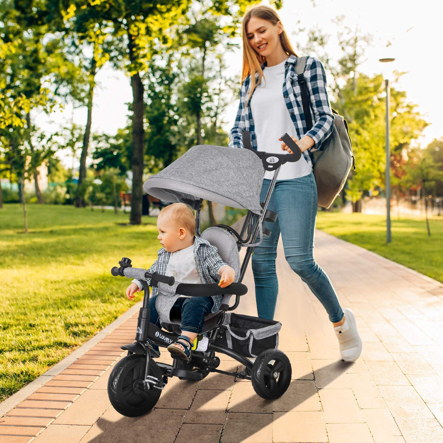 Dětská tříkolka 6 v 1, sluneční clona a bezpečnostní pás, šedá