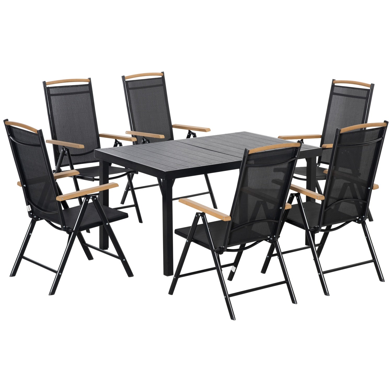6-personers hopfällbar trädgårdsmöbelset, aluminiumnät, svart