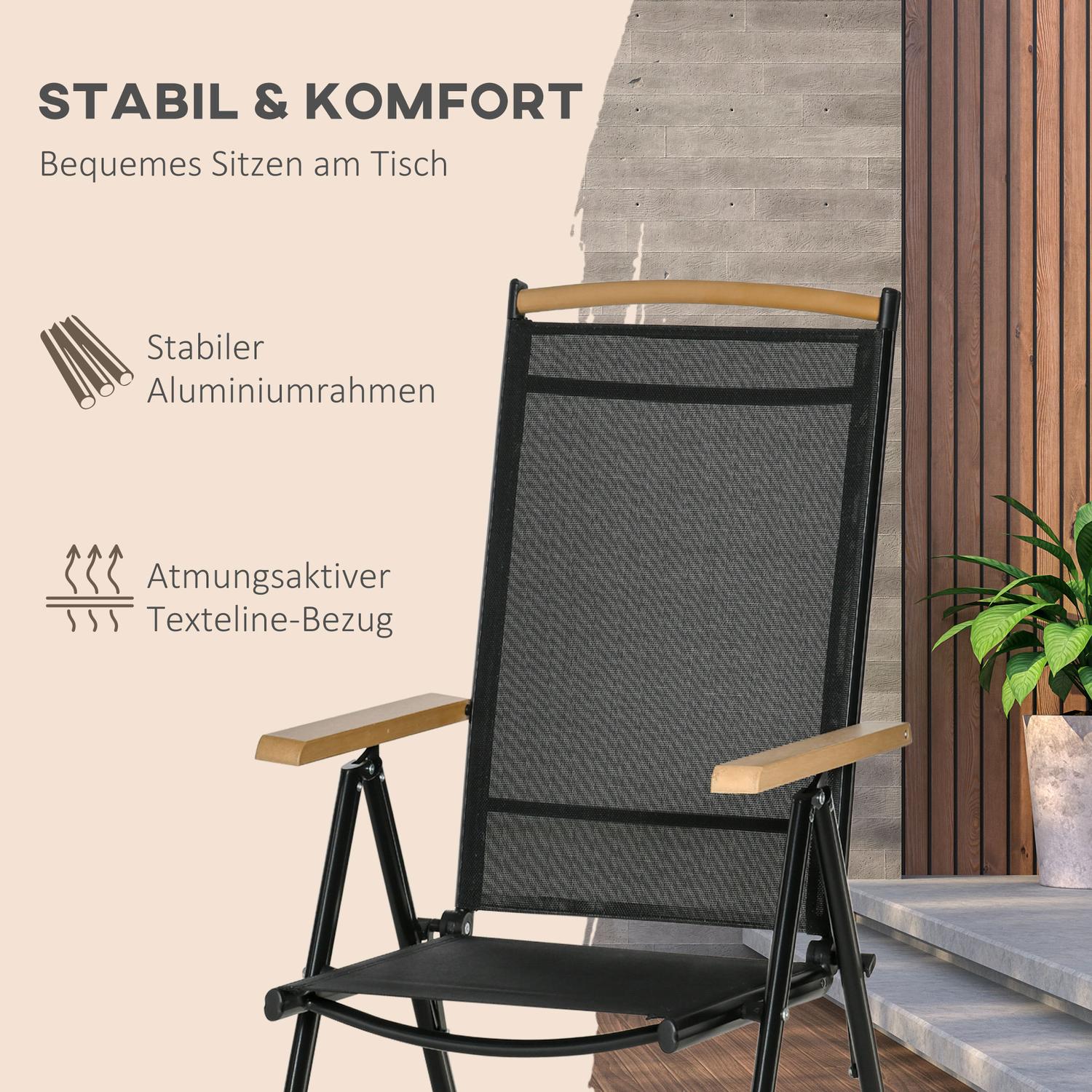 6-personers hopfällbar trädgårdsmöbelset, aluminiumnät, svart