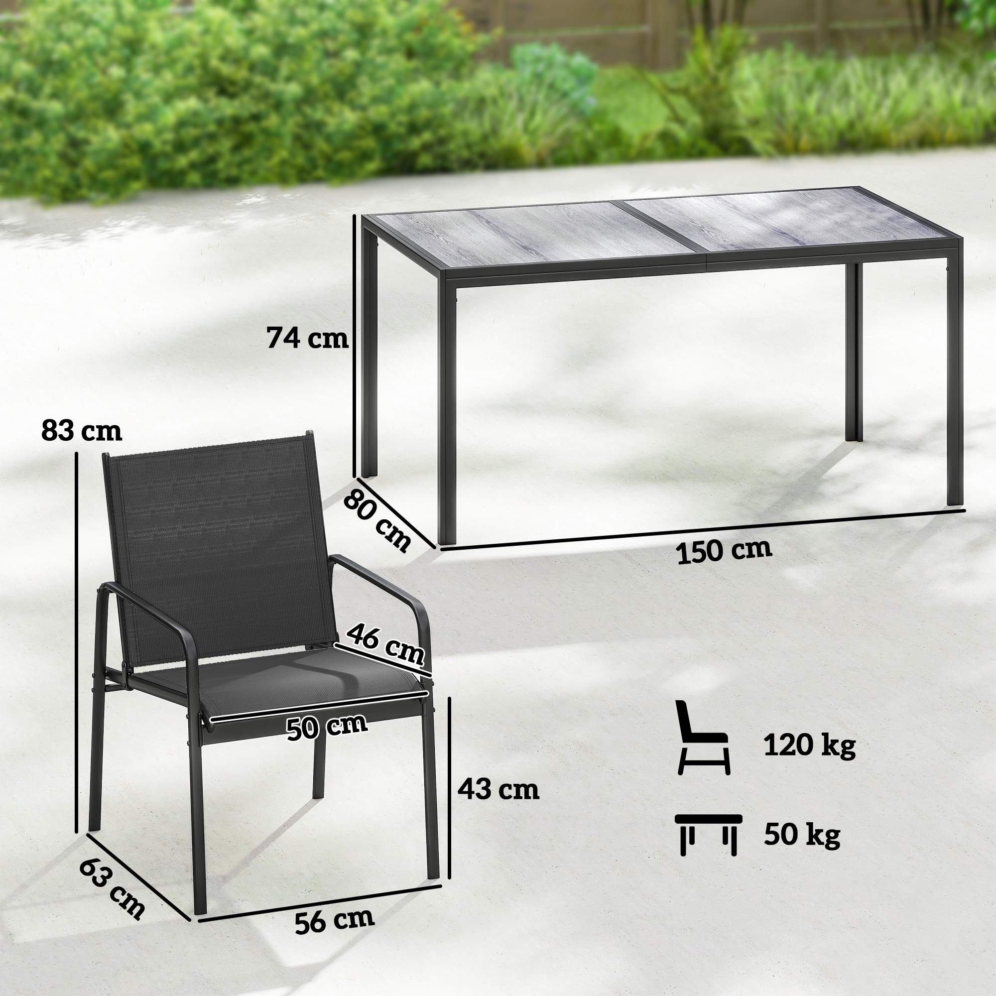 7-delat matset för utomhusbruk, rektangulärt bord och 6 stolar