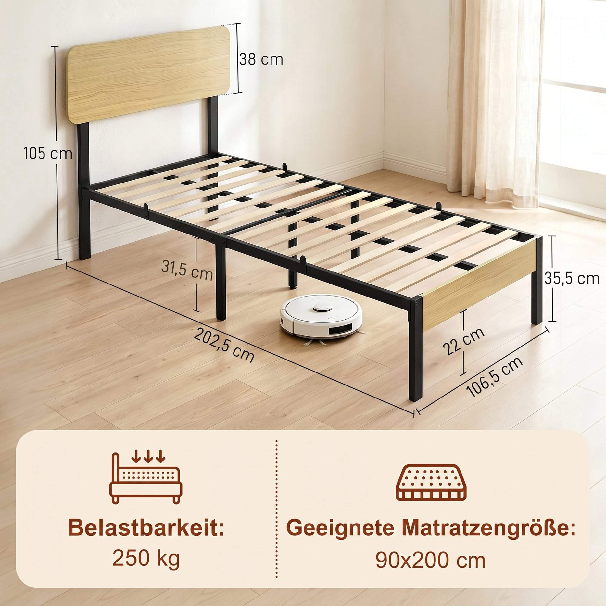 90 x 200 cm sängram i metall med huvudgavel, förvaring