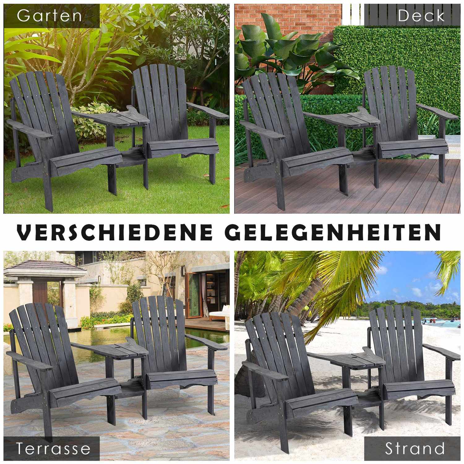 Adirondack 2-sits trädgårdsstolset, trä, mörkgrå