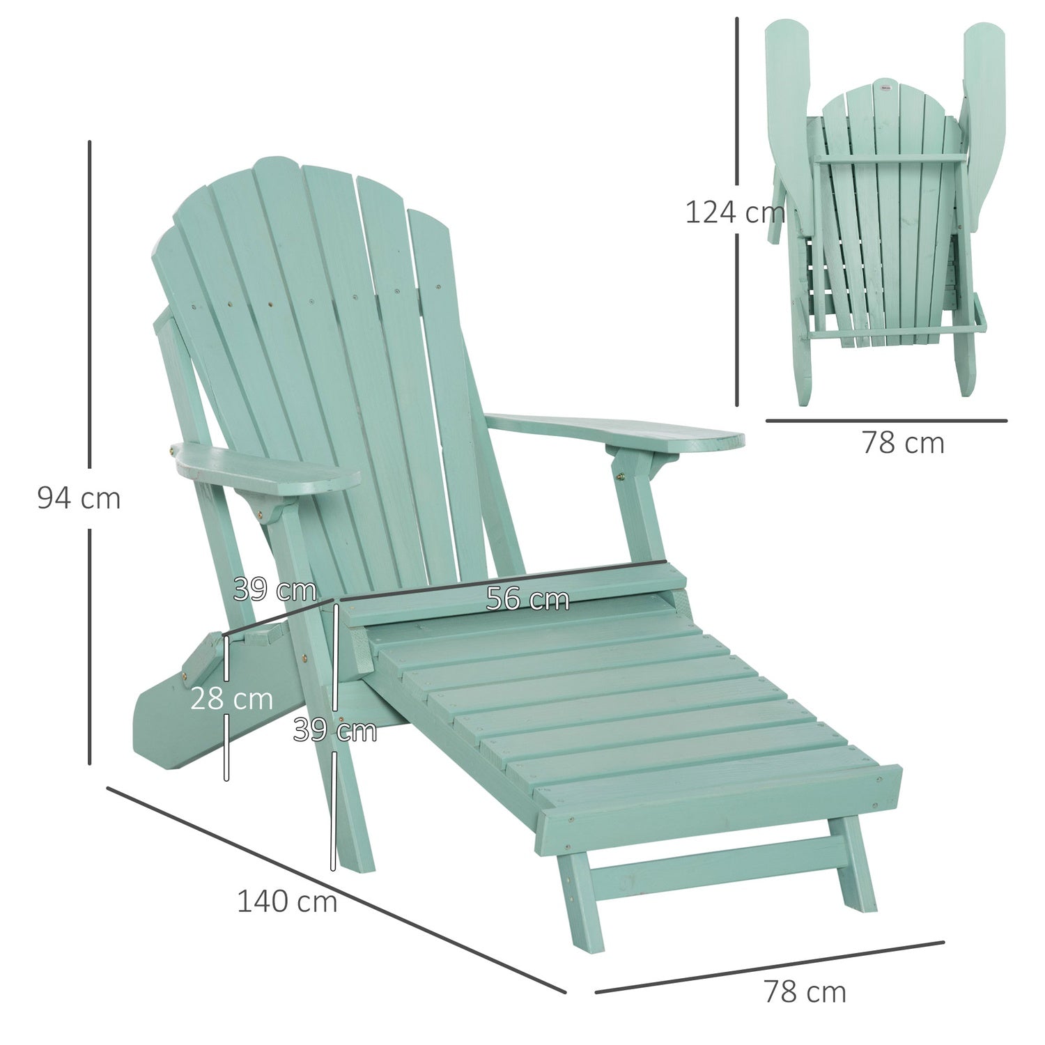 Adirondack Pine Wood Trädgårdsstol med fotstöd, grön