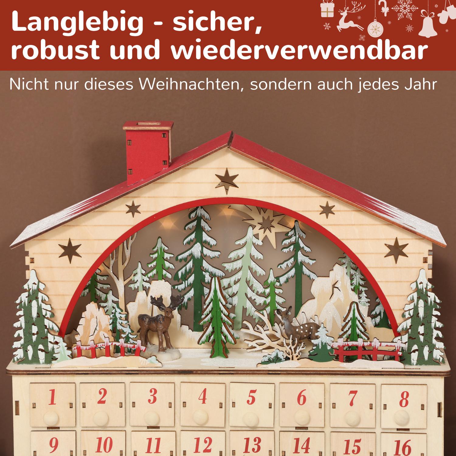 Adventskalender med 24 lådor, LED-lampor, trä, 36x10x34 cm