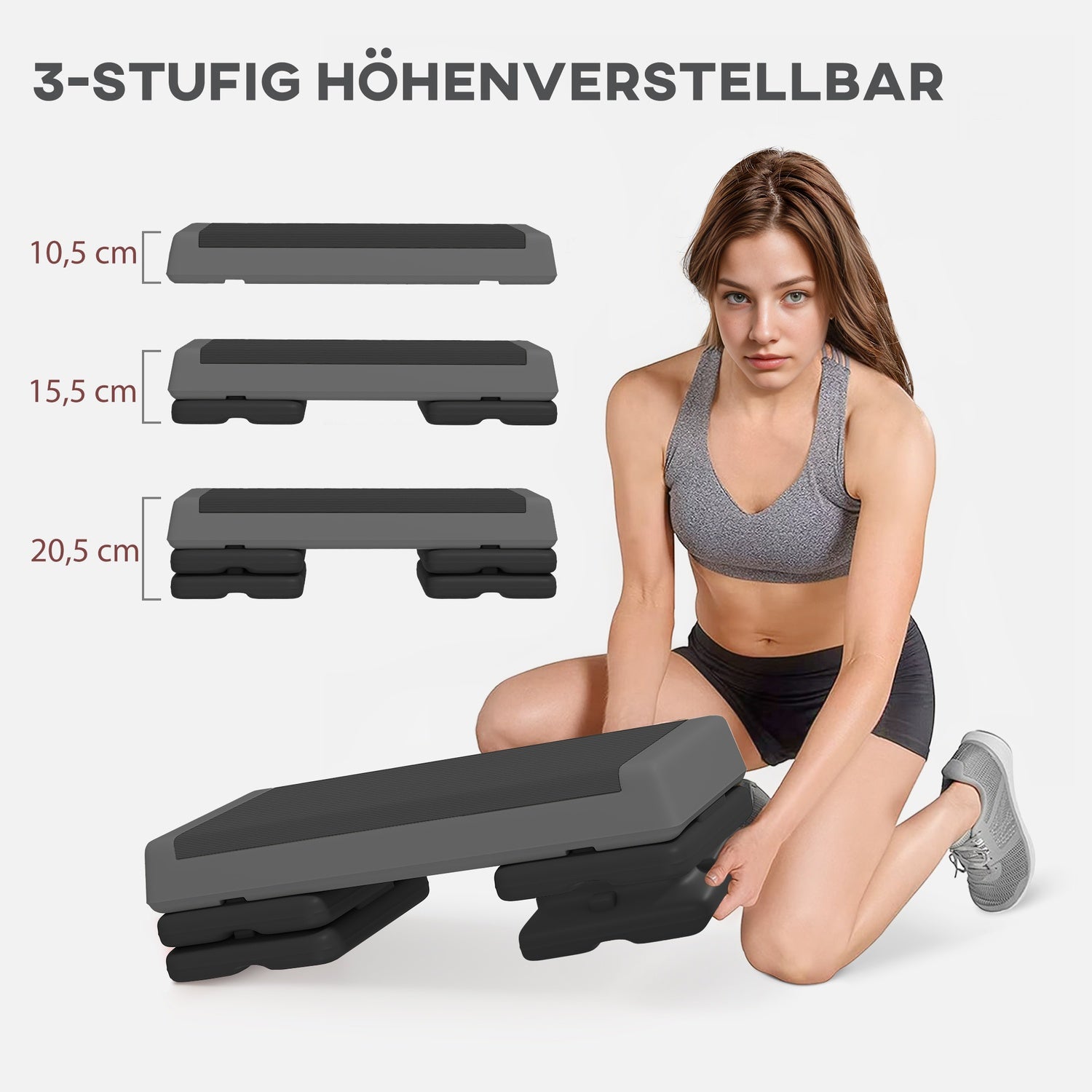 Aerobic stepper, justerbar höjd, halkfri, grå