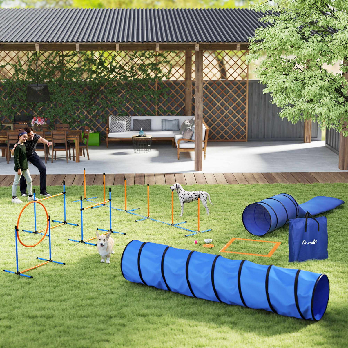 Agility sada pro psy s nastavitelnými překážkami a tunelem
