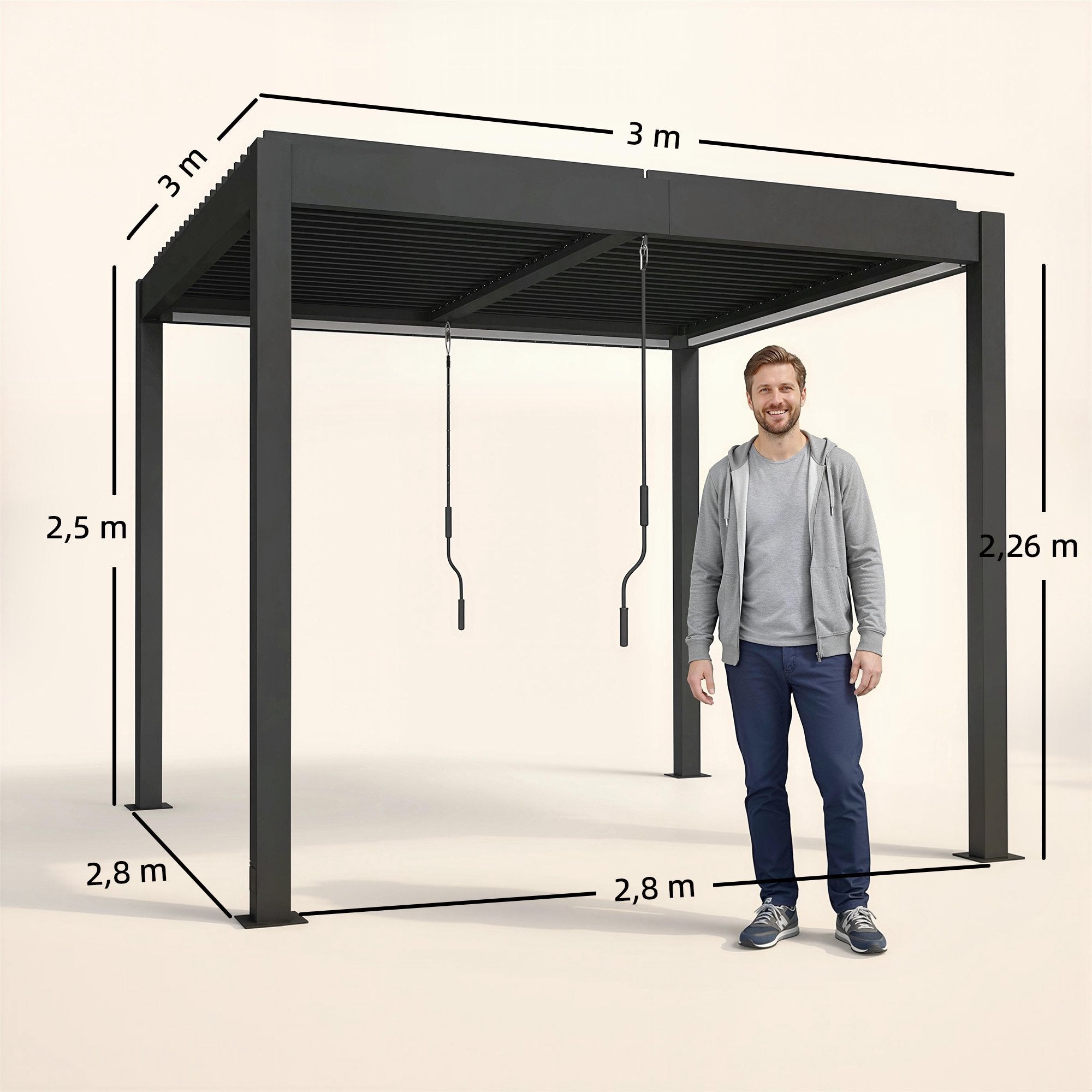 Aluminiumpergola 3x3m med LED-belysning och justerbart tak
