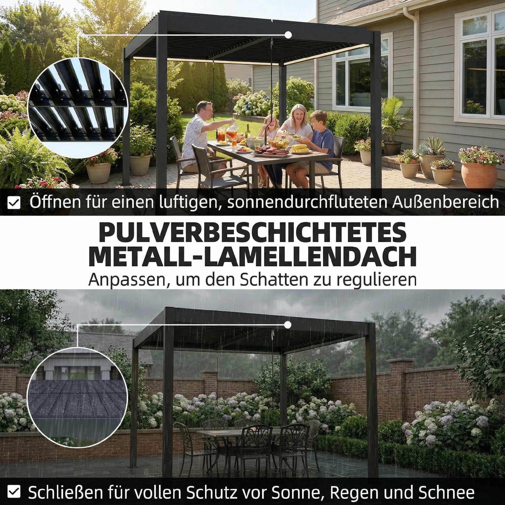 Aluminiumpergola 3x3m med LED-belysning och justerbart tak