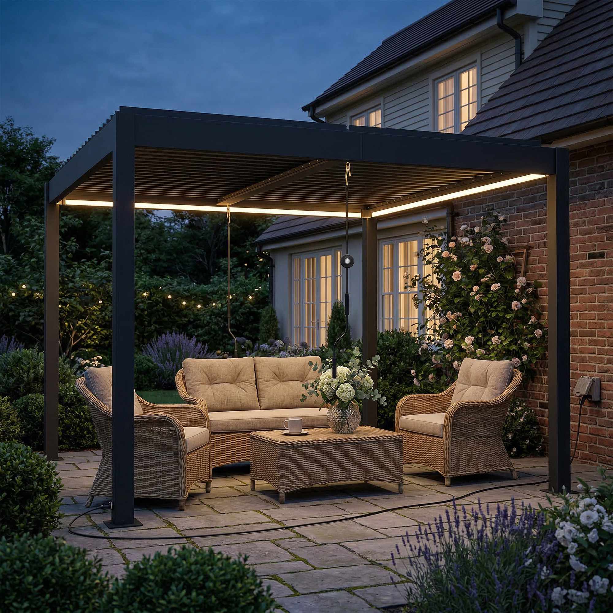 Aluminiumpergola 3x3m med LED-belysning och justerbart tak