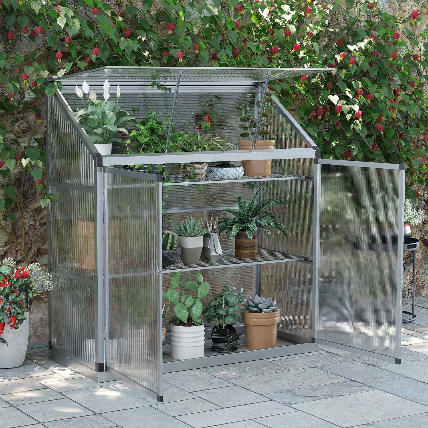 Aluminiumväxthus med fundament, 3 nivåer, 131x58x139,5 cm