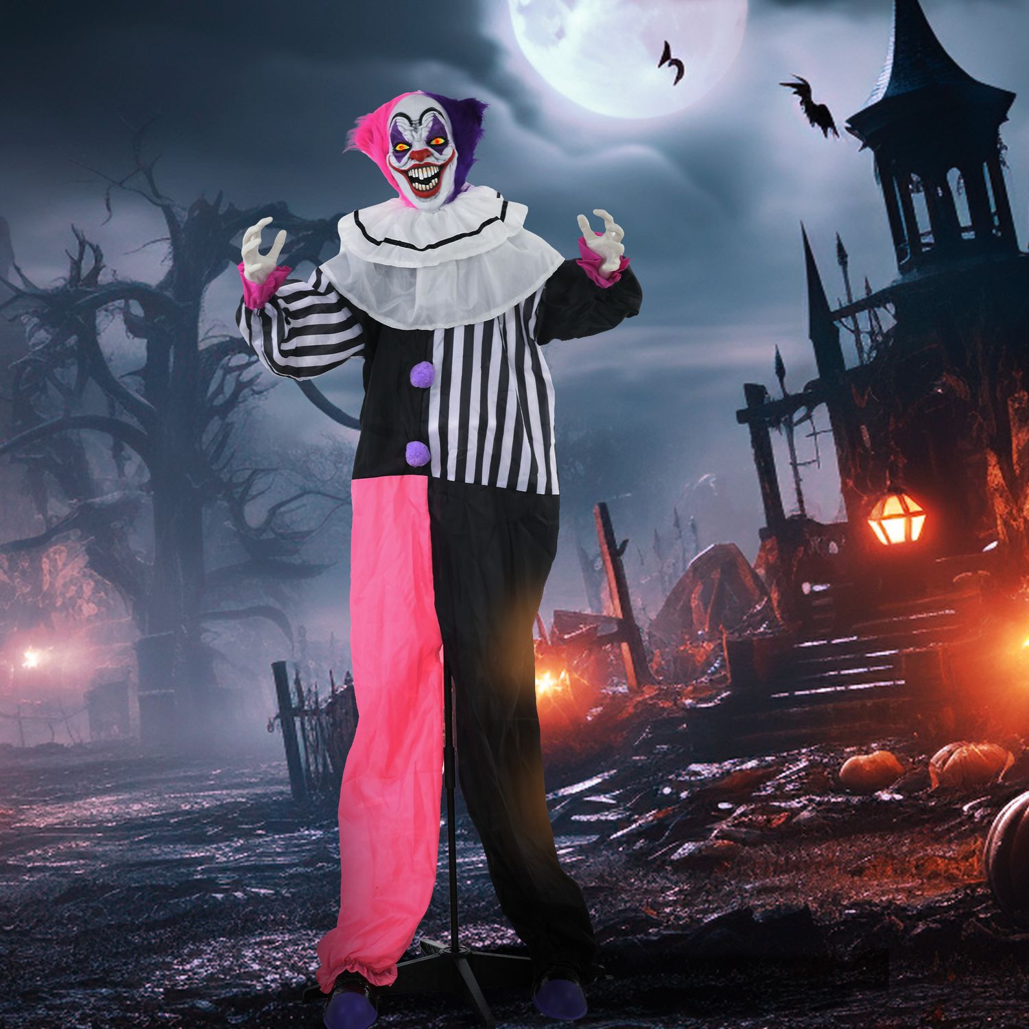Animerad Halloween-clownrekvisita med rörelse och ljud, 173 cm