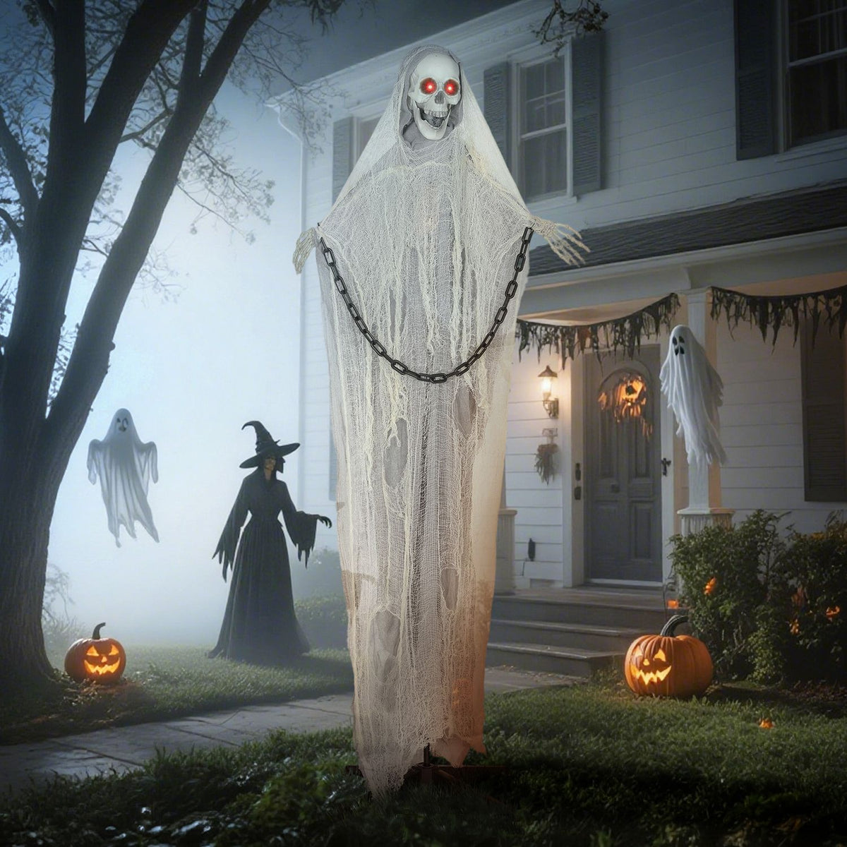Animovaná halloweenská dekorace Smrťák, 183 cm, svítící oči