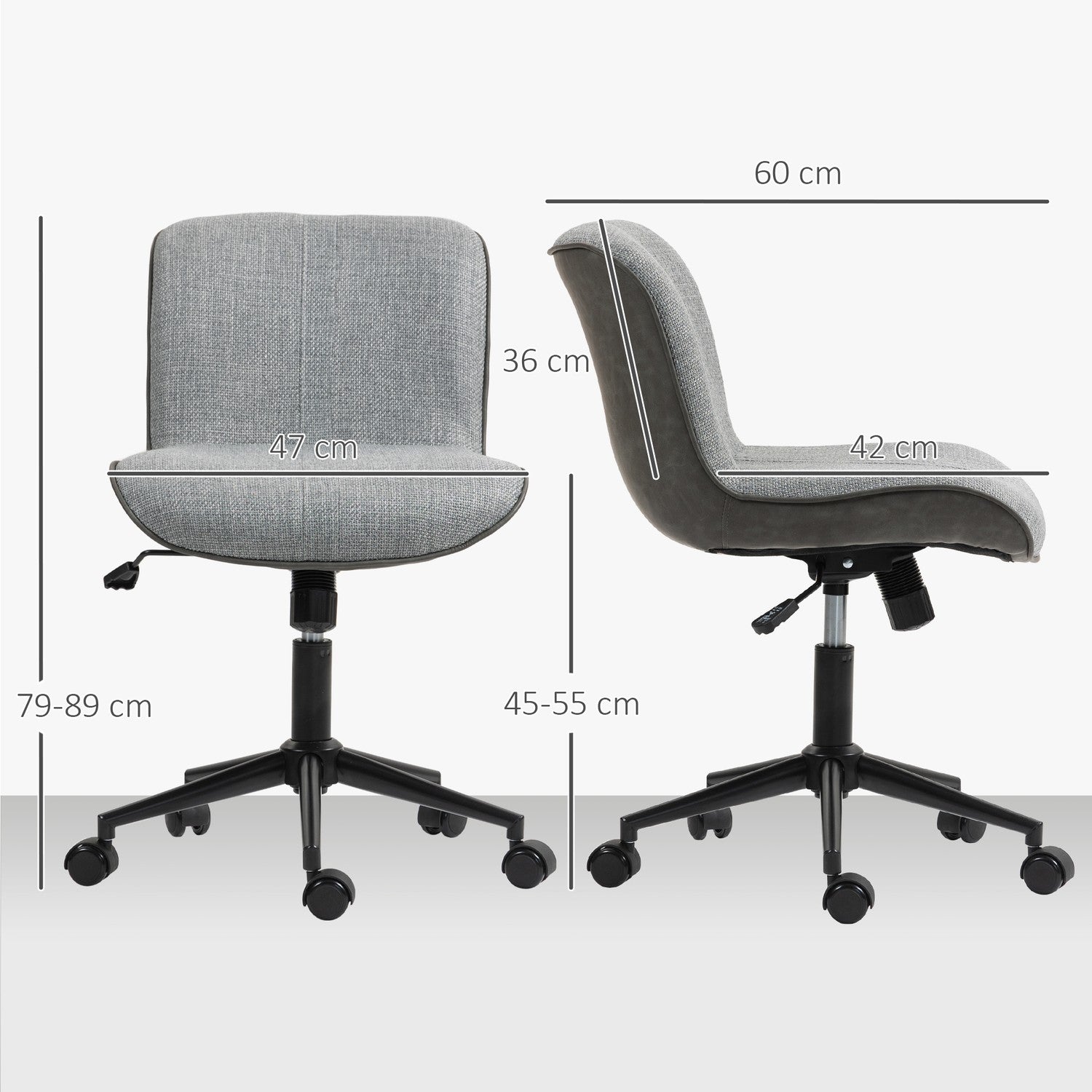 Armless kontorsstol, justerbar höjd, vridbar, grå