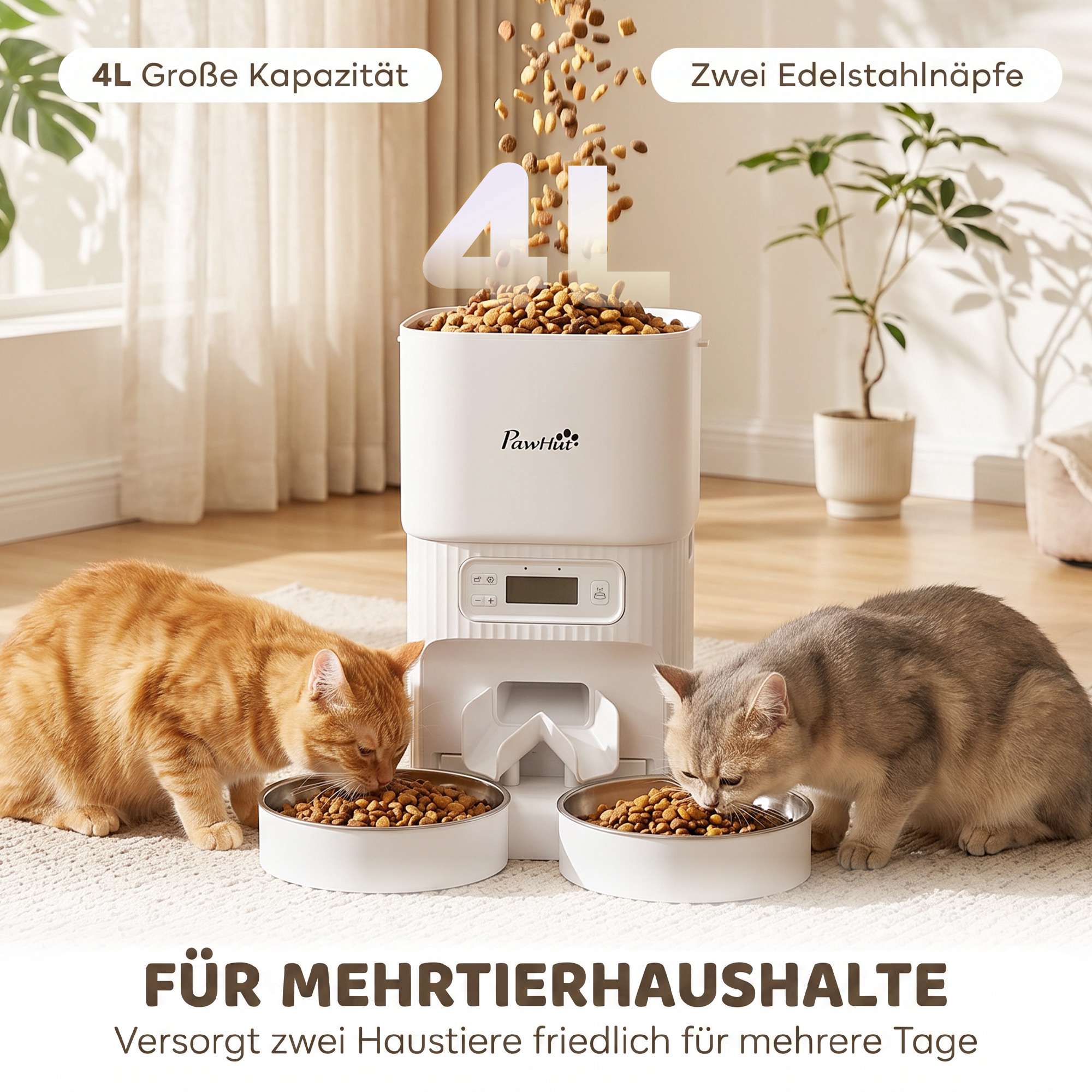 Automatisk kattmatare, 4L timer, 2 rostfria skålar