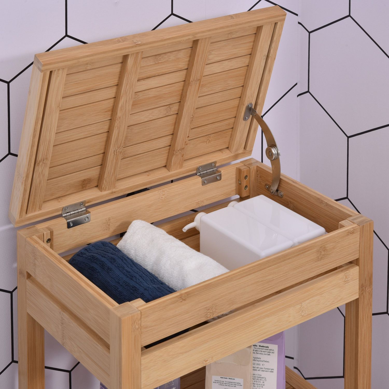 Badrumshylla i bambu, gångjärnsförsett lock, naturlig finish, 46x29,5x76,5 cm