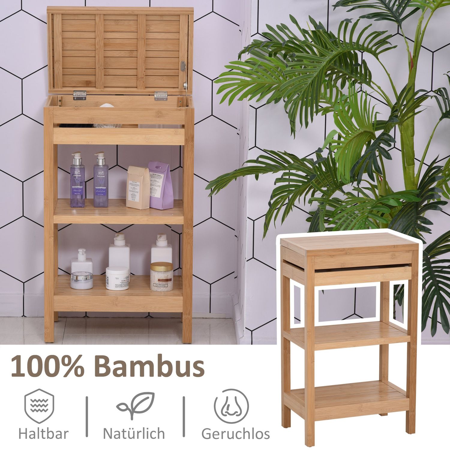 Badrumshylla i bambu, gångjärnsförsett lock, naturlig finish, 46x29,5x76,5 cm