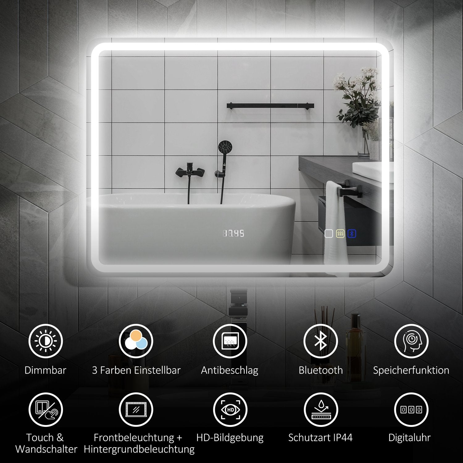 Badrumsspegel med LED-belysning, anti-dimdyna, 3 justerbara färger, klocka, 700 x 900 mm, silver