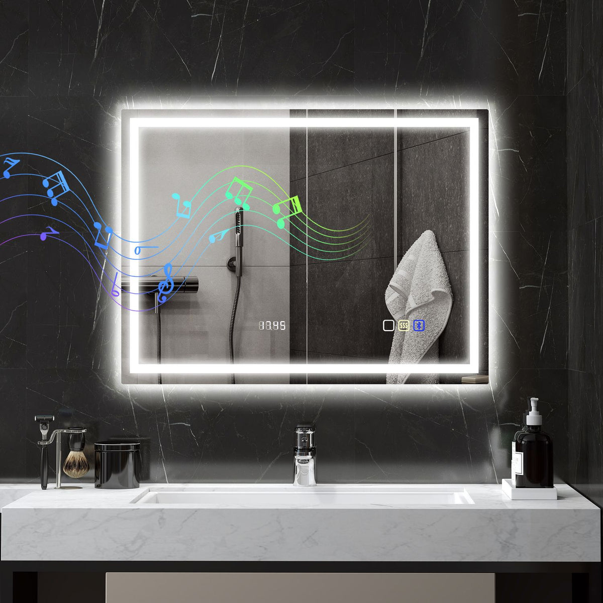 Koupelnové zrcadlo s LED osvětlením, funkcí proti zamlžování, 3 nastavitelnými barvami světla, hodinami, 600 x 800 mm, stříbrné