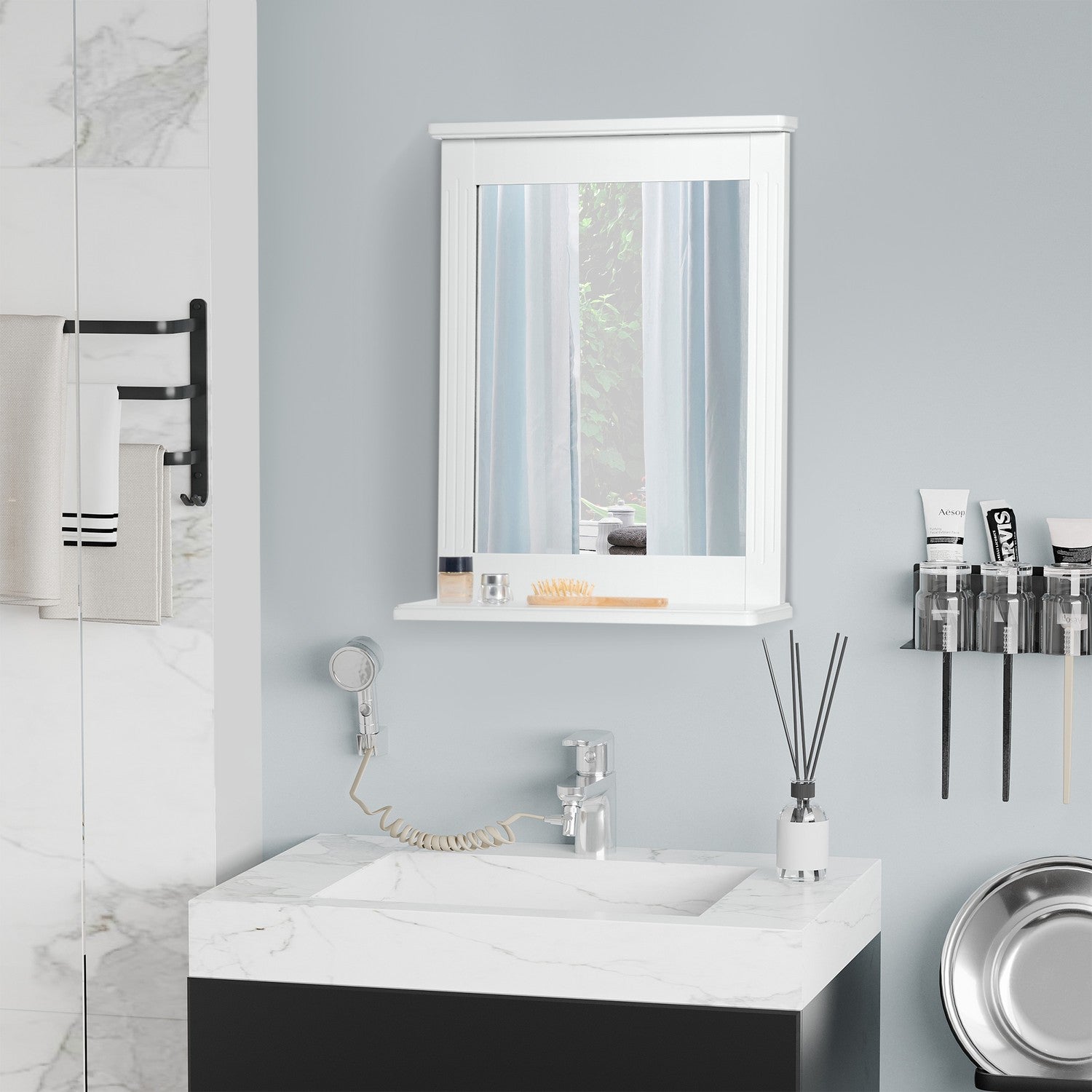 Badrumsväggspegel med hylla, Modern Vit 55x12x64cm