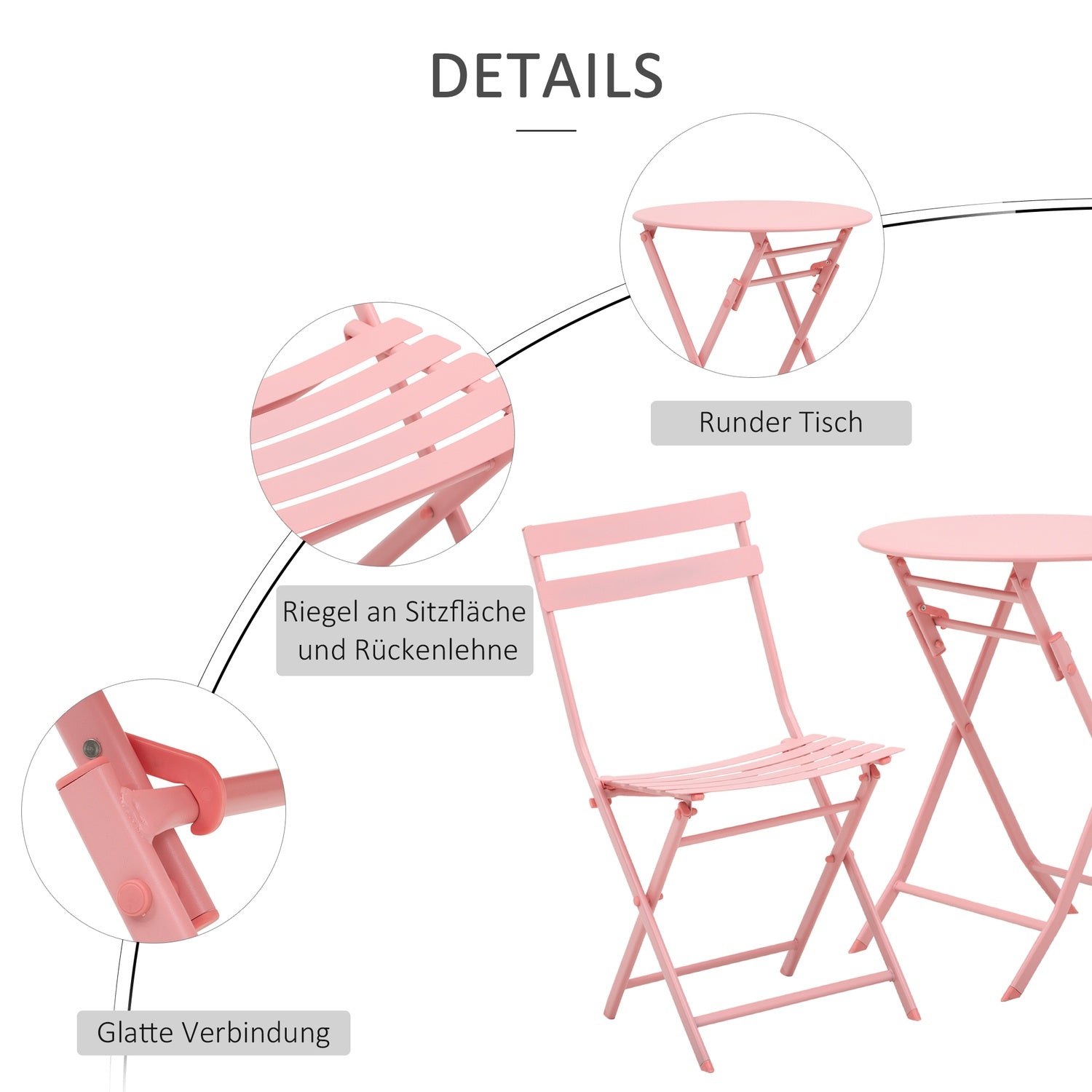 Balcony Bistro Set – hopfällbart bord och 2 stolar, rosa