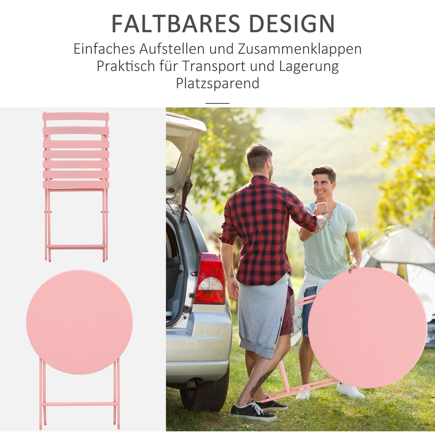 Balcony Bistro Set – hopfällbart bord och 2 stolar, rosa