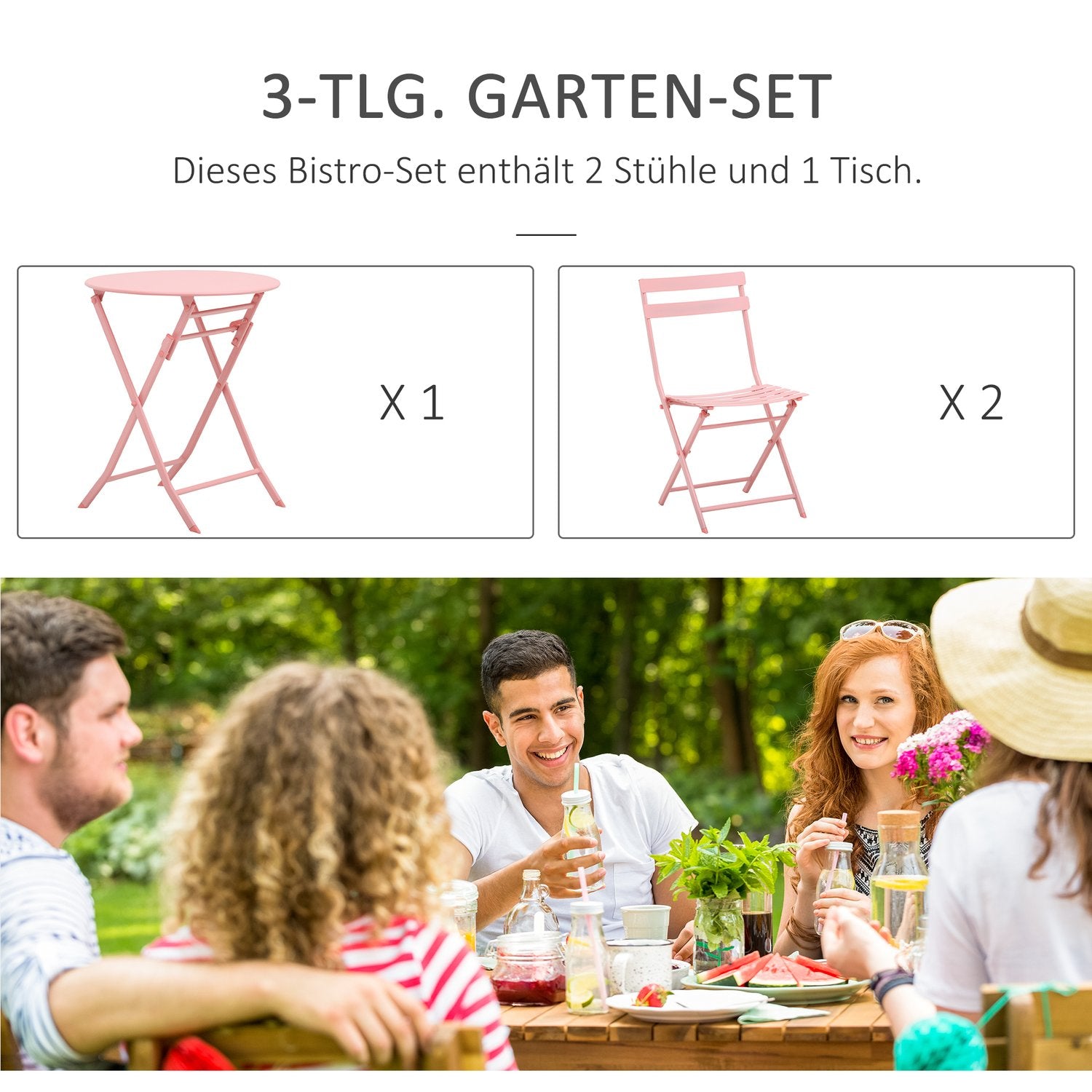 Balcony Bistro Set – hopfällbart bord och 2 stolar, rosa